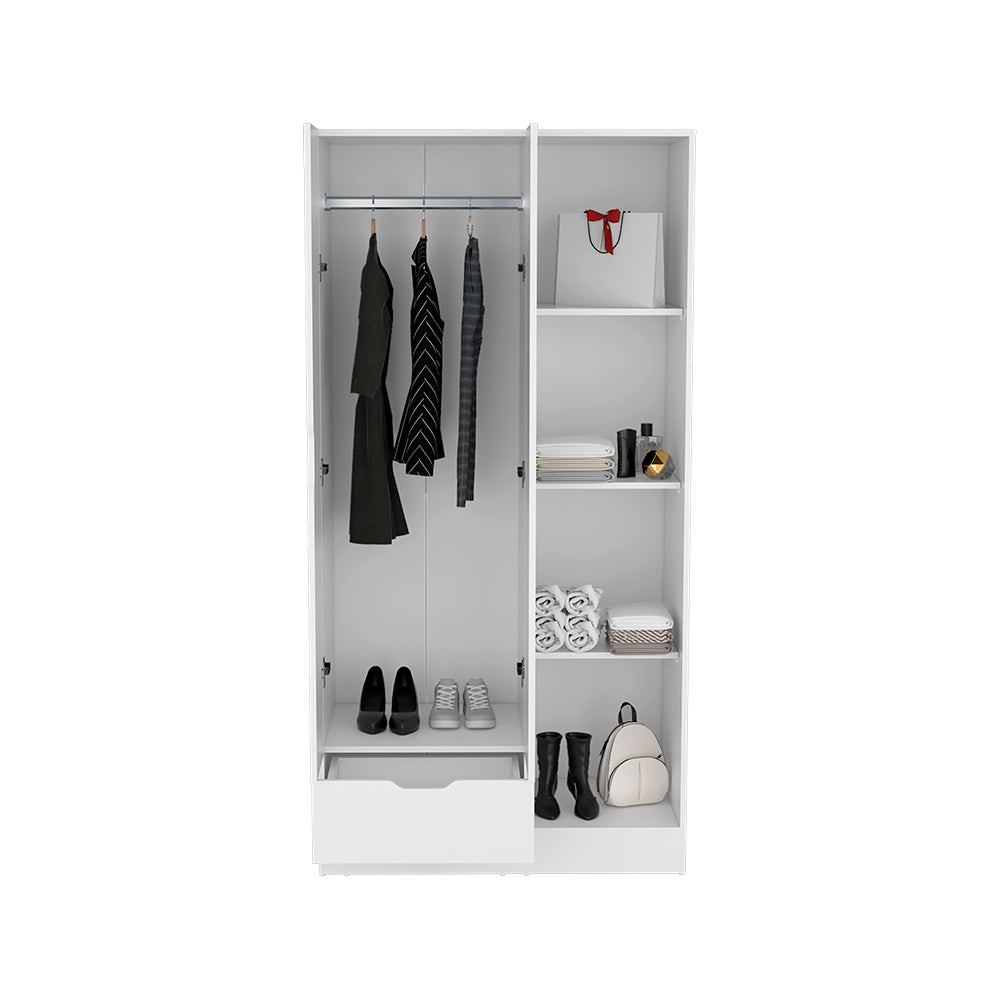 Dover Armoire in white with four shelves, a drawer, and double doors, showcasing modern design and functionality.