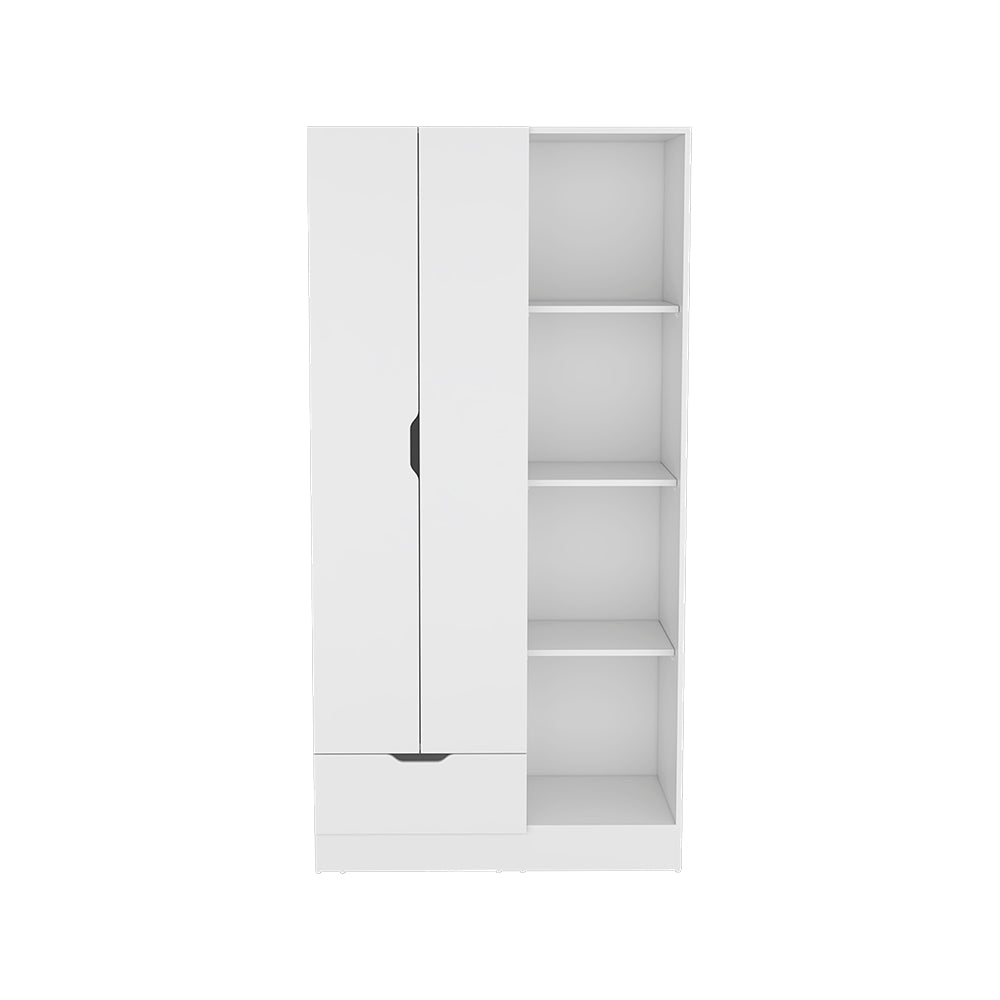 Dover Armoire in white with four shelves, a drawer, and double doors, showcasing modern design and functionality.