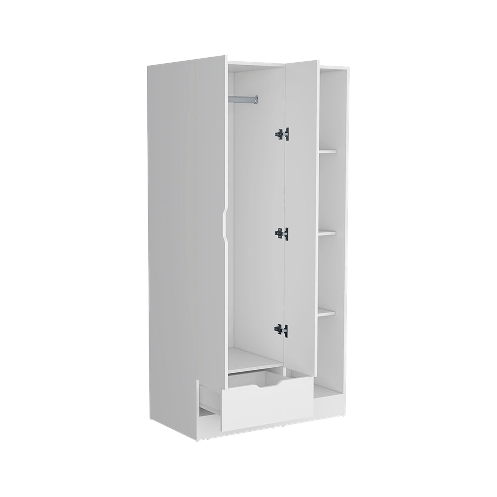 Dover Armoire in white with four shelves, a drawer, and double doors, showcasing modern design and functionality.