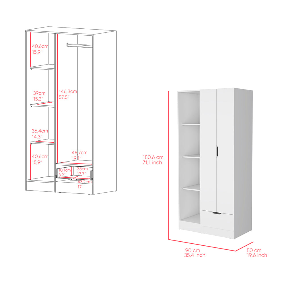 Dover Armoire in white with four shelves, a drawer, and double doors, showcasing modern design and functionality.