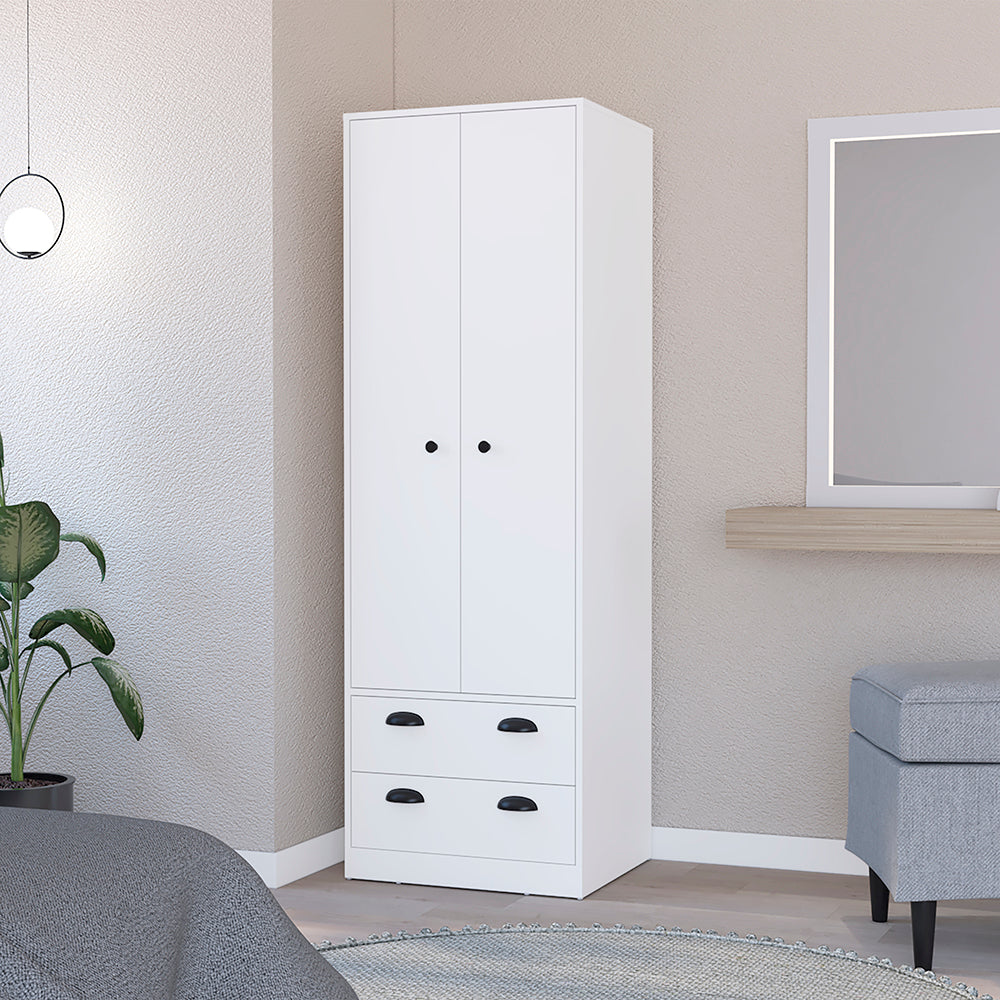 Hobbs Armoire in white finish featuring two doors and two drawers, elegantly designed for stylish clothing storage.