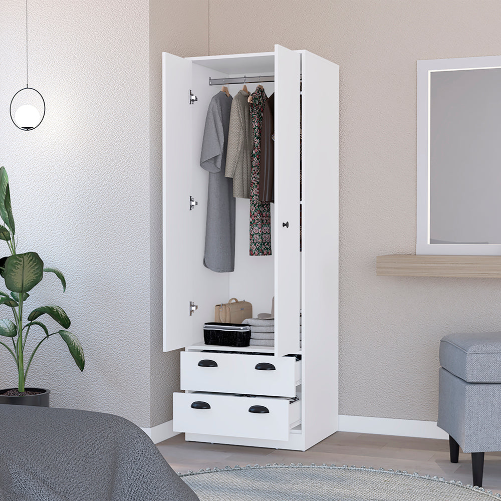 Hobbs Armoire in white finish featuring two doors and two drawers, elegantly designed for stylish clothing storage.