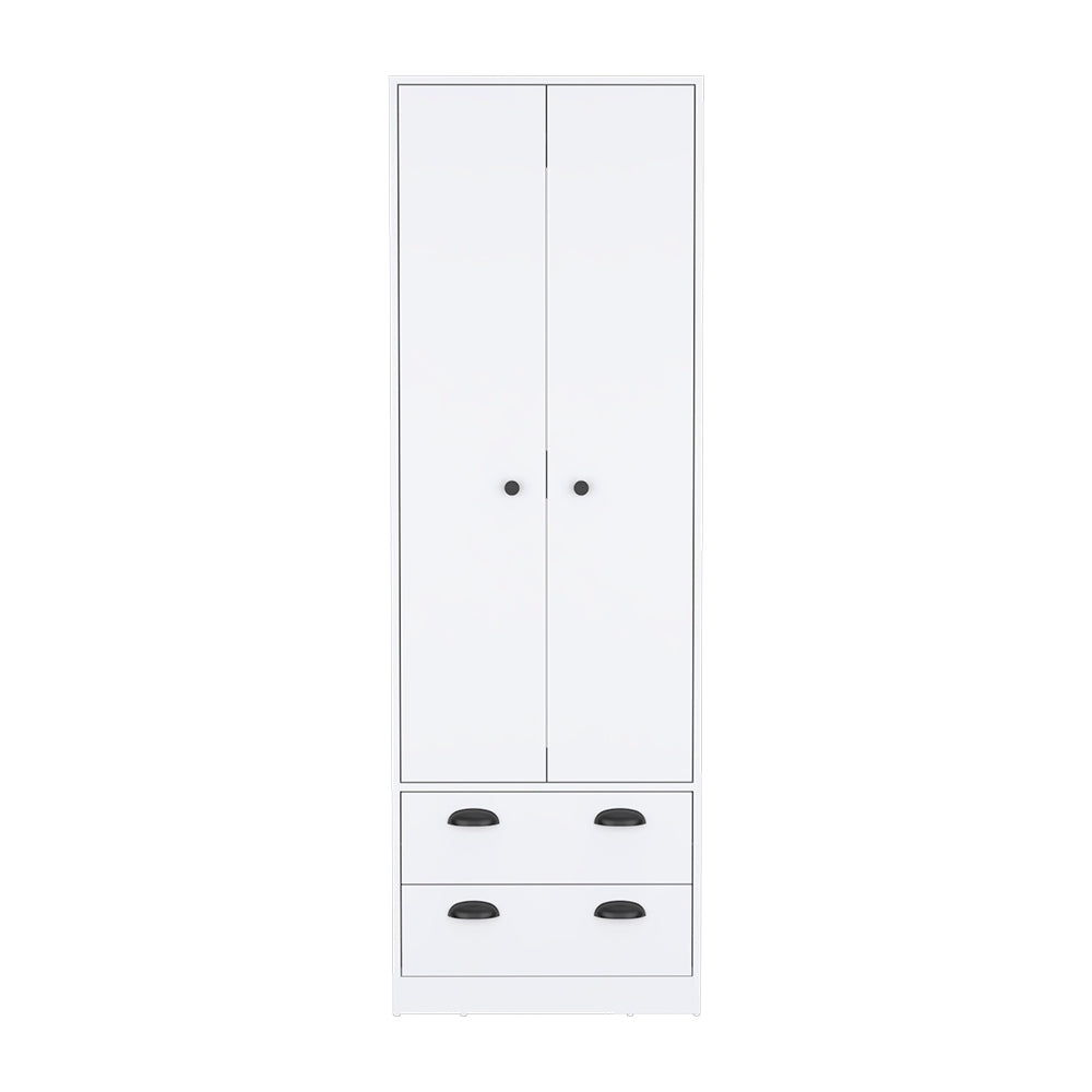 Hobbs Armoire in white finish featuring two doors and two drawers, elegantly designed for stylish clothing storage.