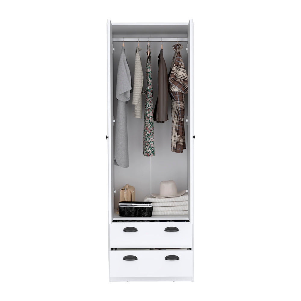 Hobbs Armoire in white finish featuring two doors and two drawers, elegantly designed for stylish clothing storage.