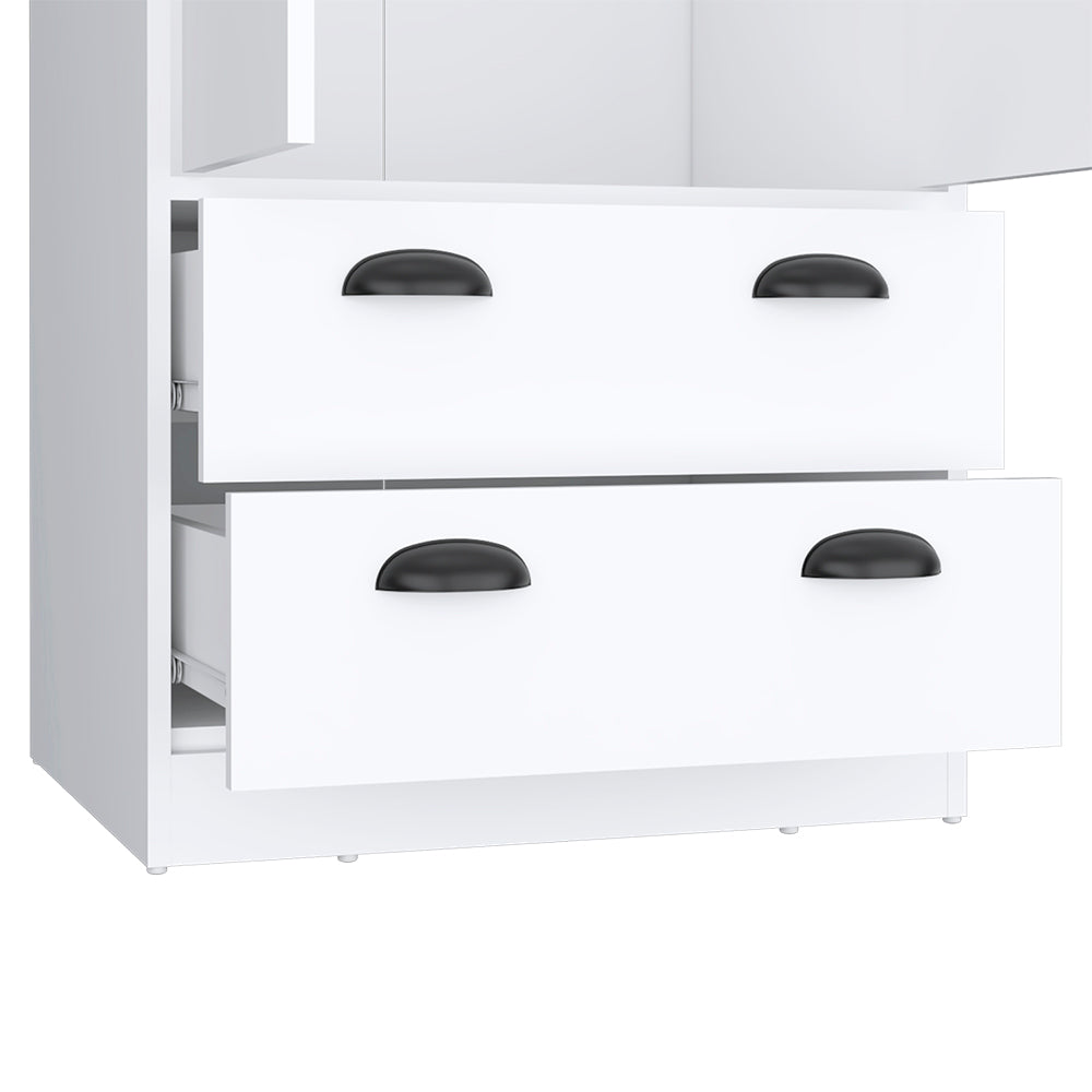 Hobbs Armoire in white finish featuring two doors and two drawers, elegantly designed for stylish clothing storage.