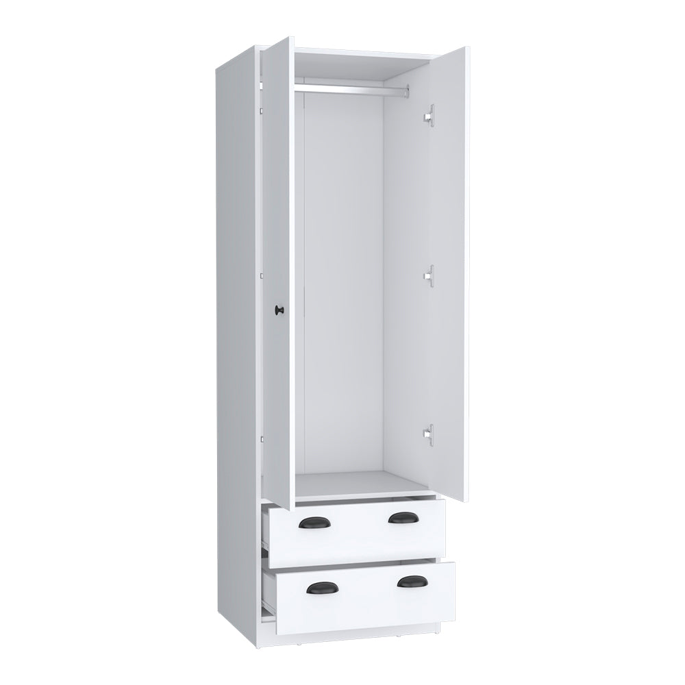 Hobbs Armoire in white finish featuring two doors and two drawers, elegantly designed for stylish clothing storage.