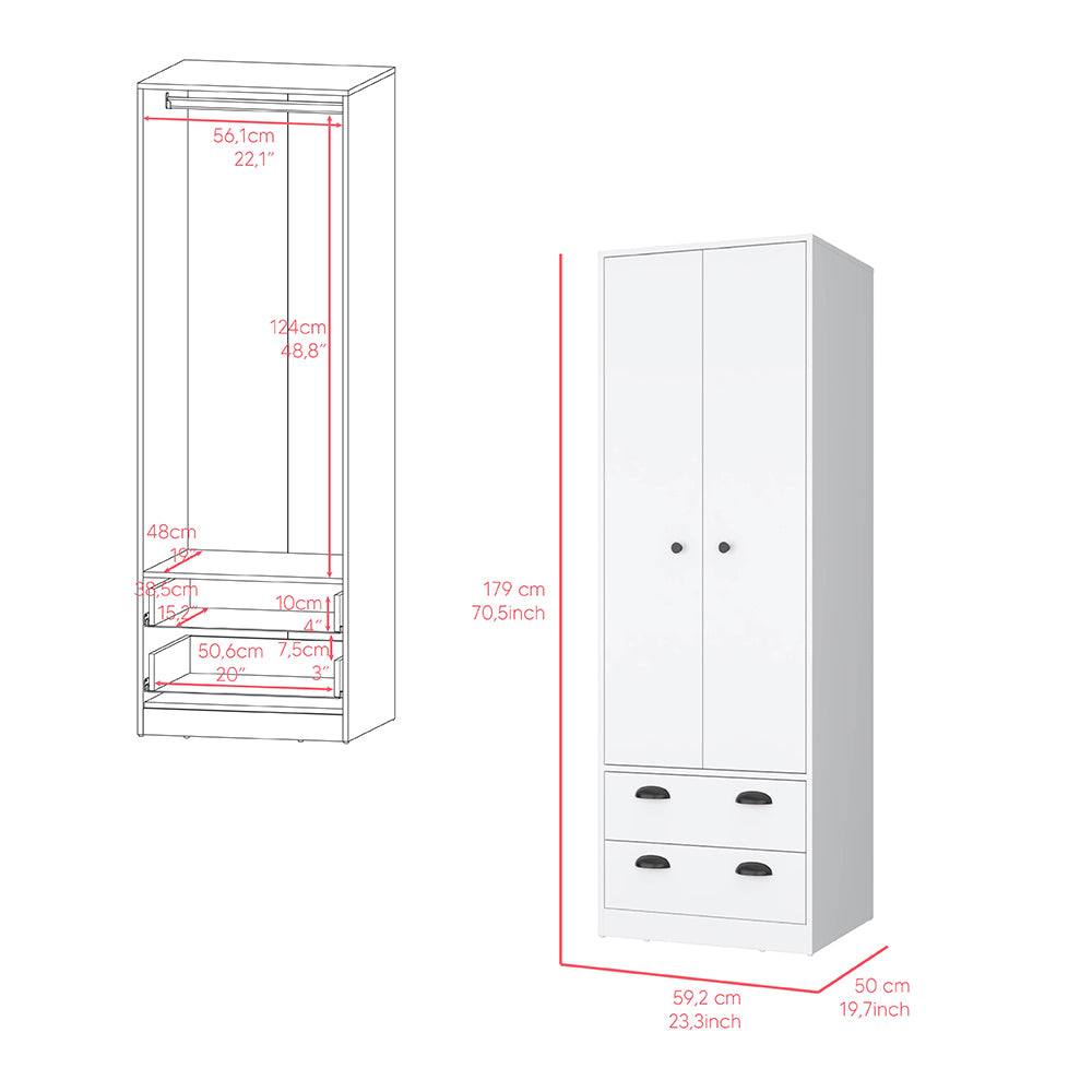 Hobbs Armoire in white finish featuring two doors and two drawers, elegantly designed for stylish clothing storage.