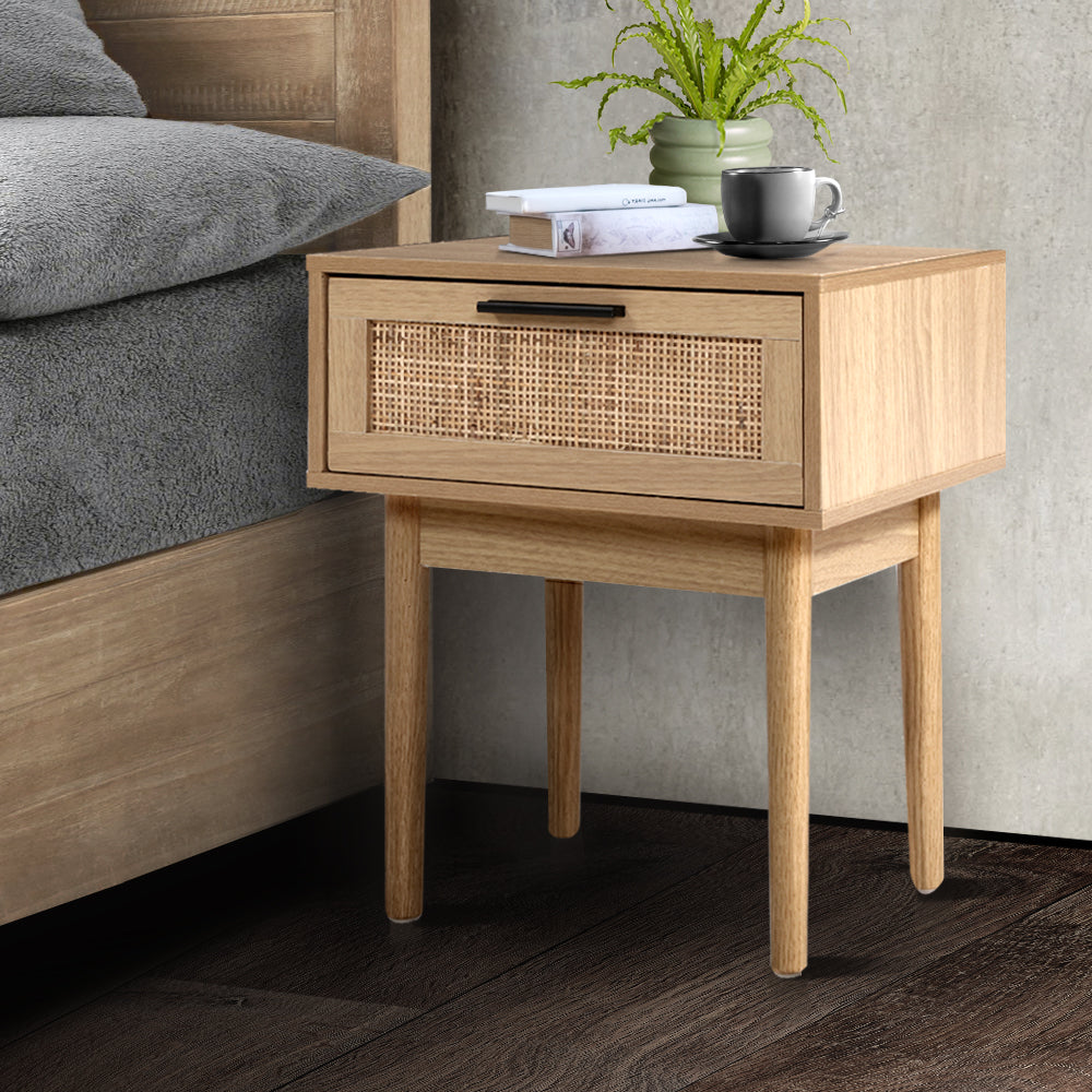 Artiss Bedside Table featuring a rattan drawer front, solid wooden legs, and a sleek design, perfect for modern bedrooms.