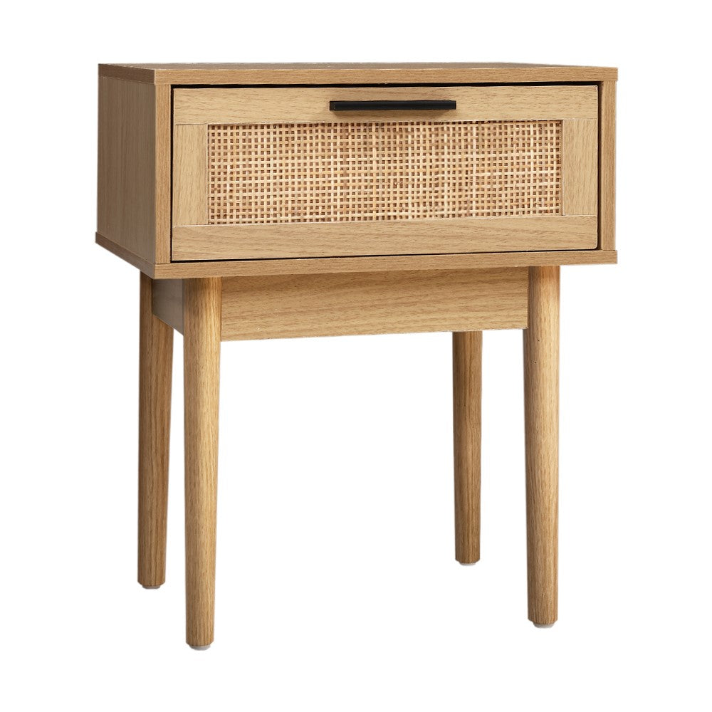 Artiss Bedside Table featuring a rattan drawer front, solid wooden legs, and a sleek design, perfect for modern bedrooms.