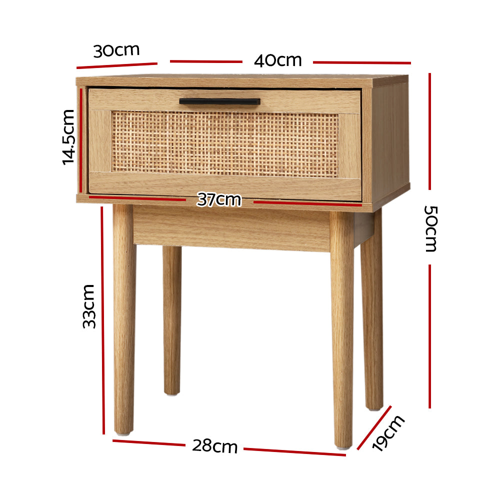 Artiss Bedside Table featuring a rattan drawer front, solid wooden legs, and a sleek design, perfect for modern bedrooms.