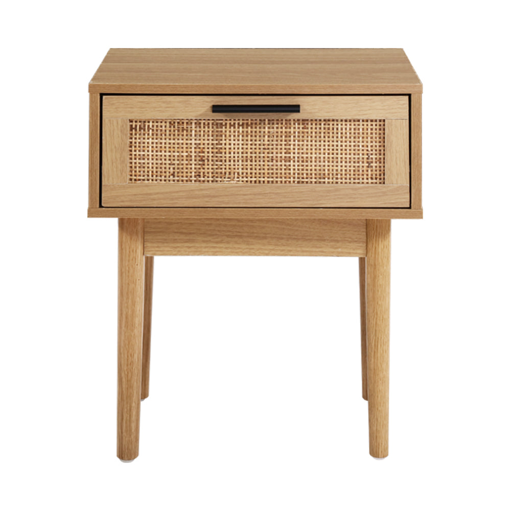 Artiss Bedside Table featuring a rattan drawer front, solid wooden legs, and a sleek design, perfect for modern bedrooms.