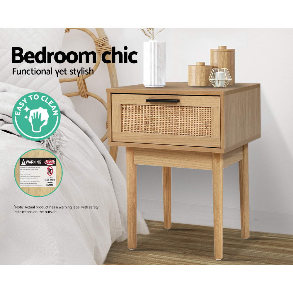 Artiss Bedside Table featuring a rattan drawer front, solid wooden legs, and a sleek design, perfect for modern bedrooms.