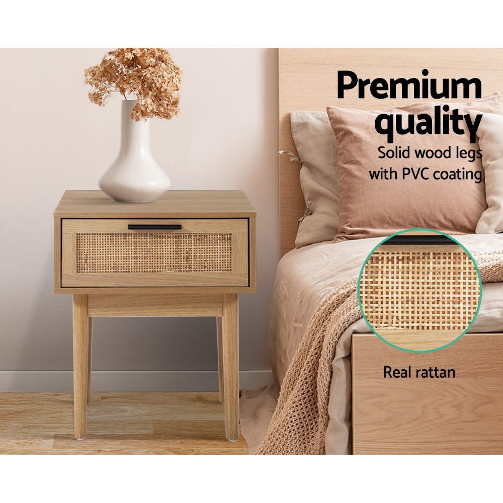 Artiss Bedside Table featuring a rattan drawer front, solid wooden legs, and a sleek design, perfect for modern bedrooms.