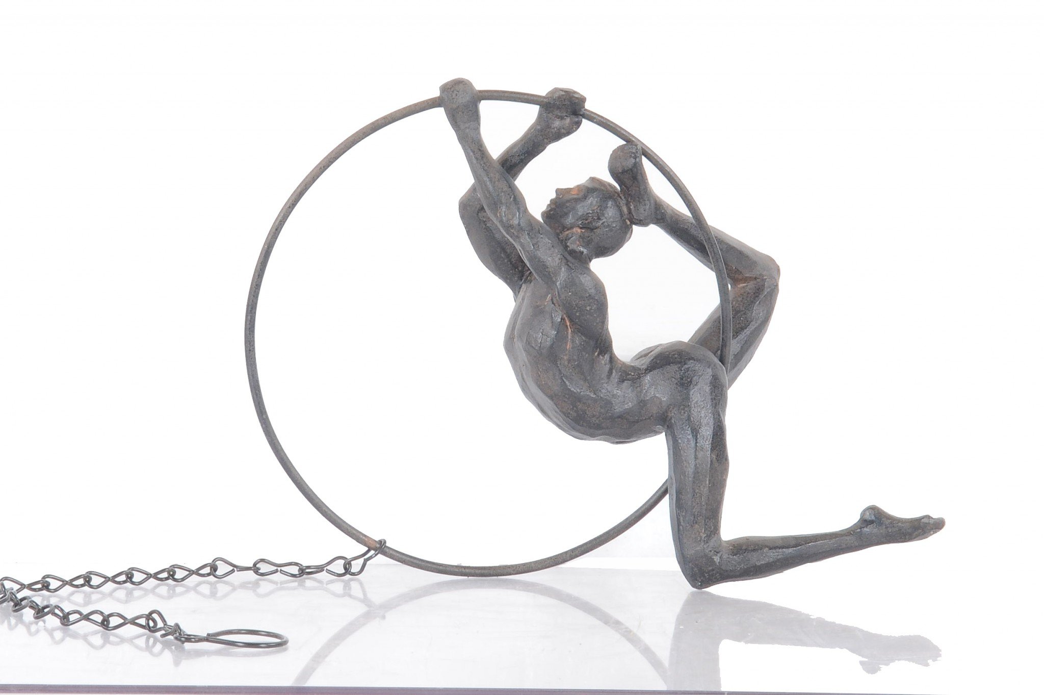 Athletic Man Hanging Ring Sculpture in black with copper accents, showcasing strength and flexibility, ideal for home or office decor.