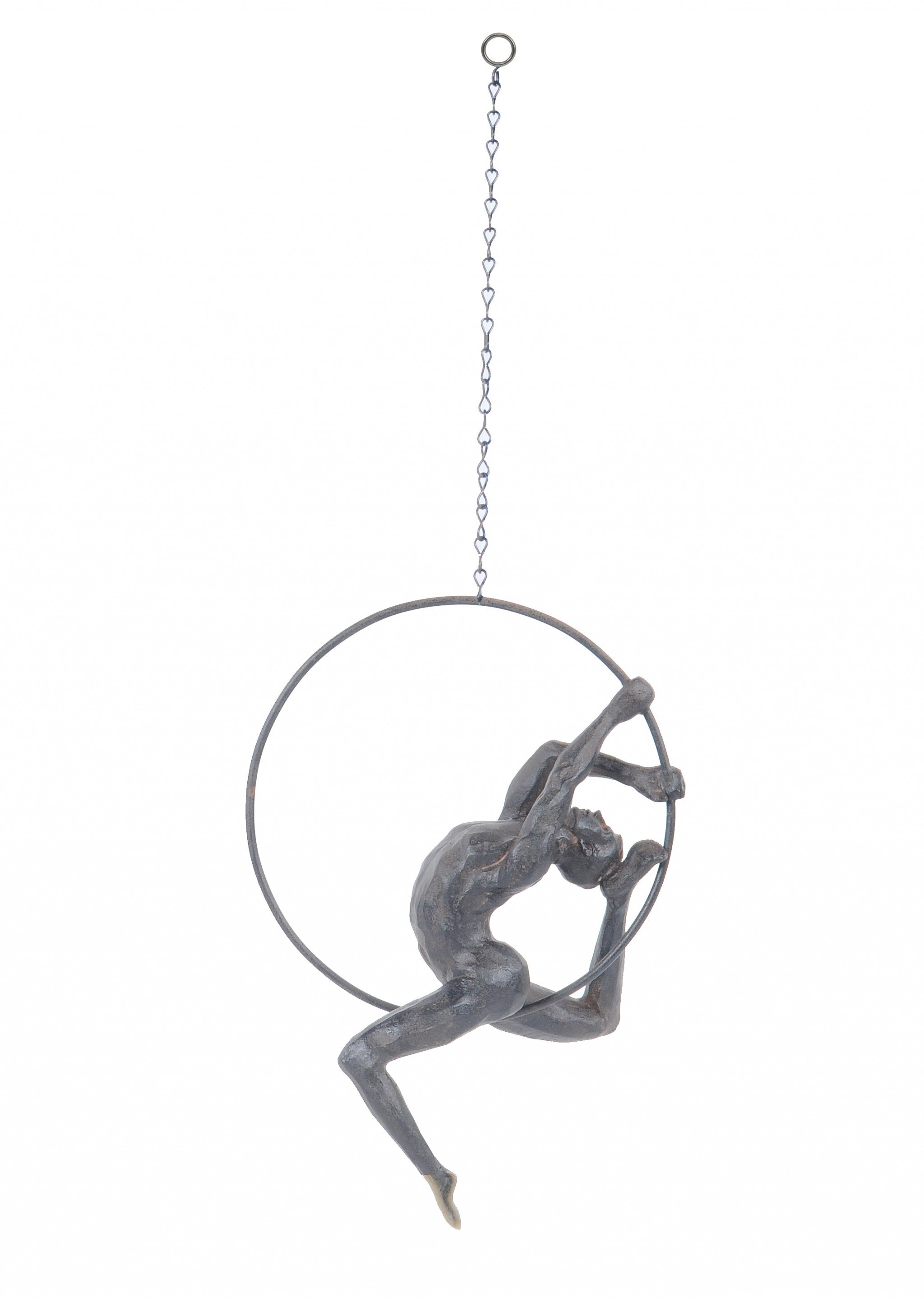 Athletic Man Hanging Ring Sculpture in black with copper accents, showcasing strength and flexibility, ideal for home or office decor.