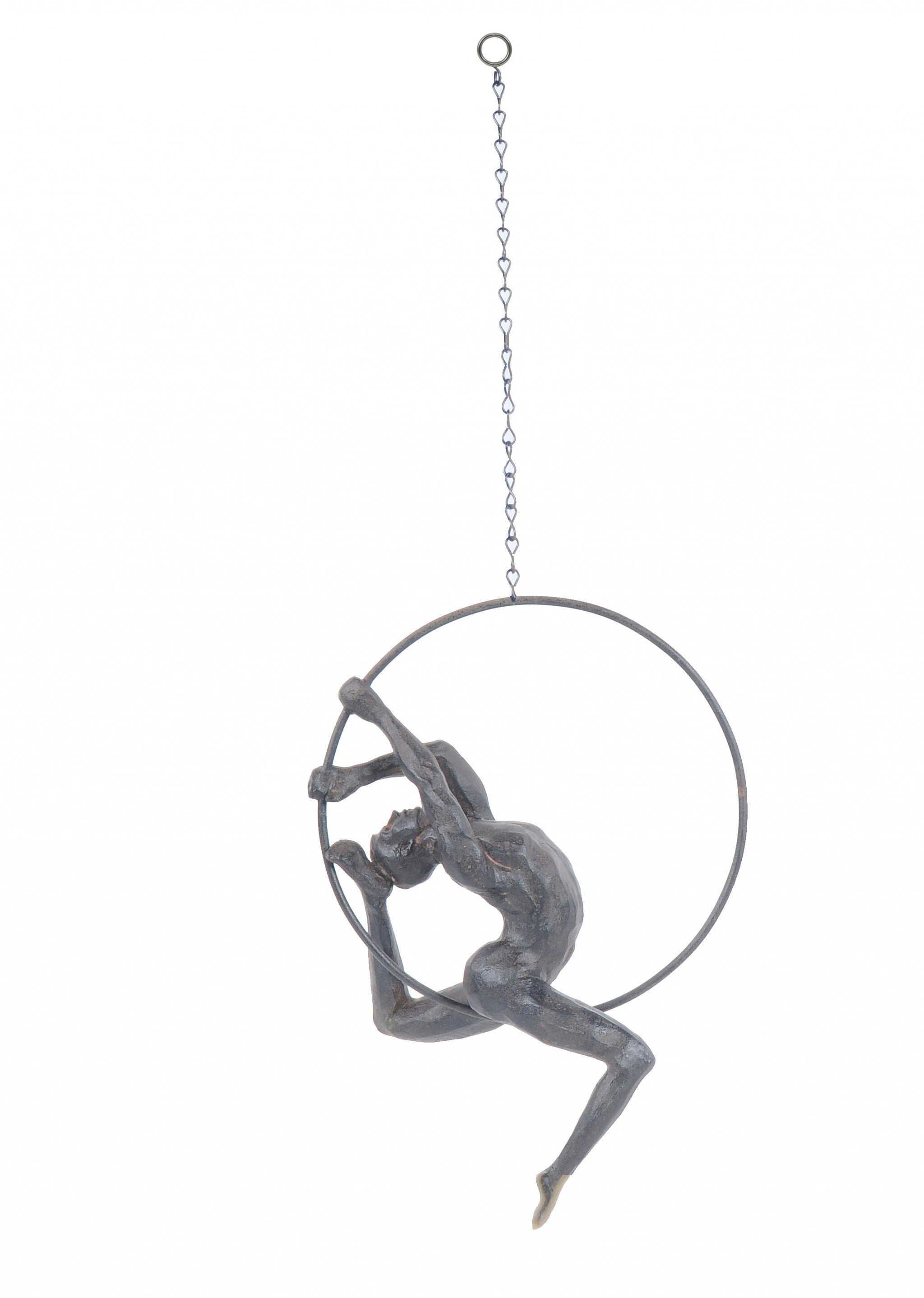 Athletic Man Hanging Ring Sculpture in black with copper accents, showcasing strength and flexibility, ideal for home or office decor.