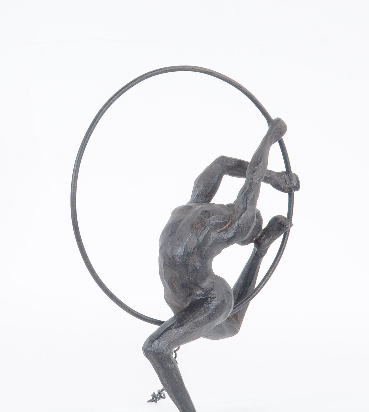 Athletic Man Hanging Ring Sculpture in black with copper accents, showcasing strength and flexibility, ideal for home or office decor.