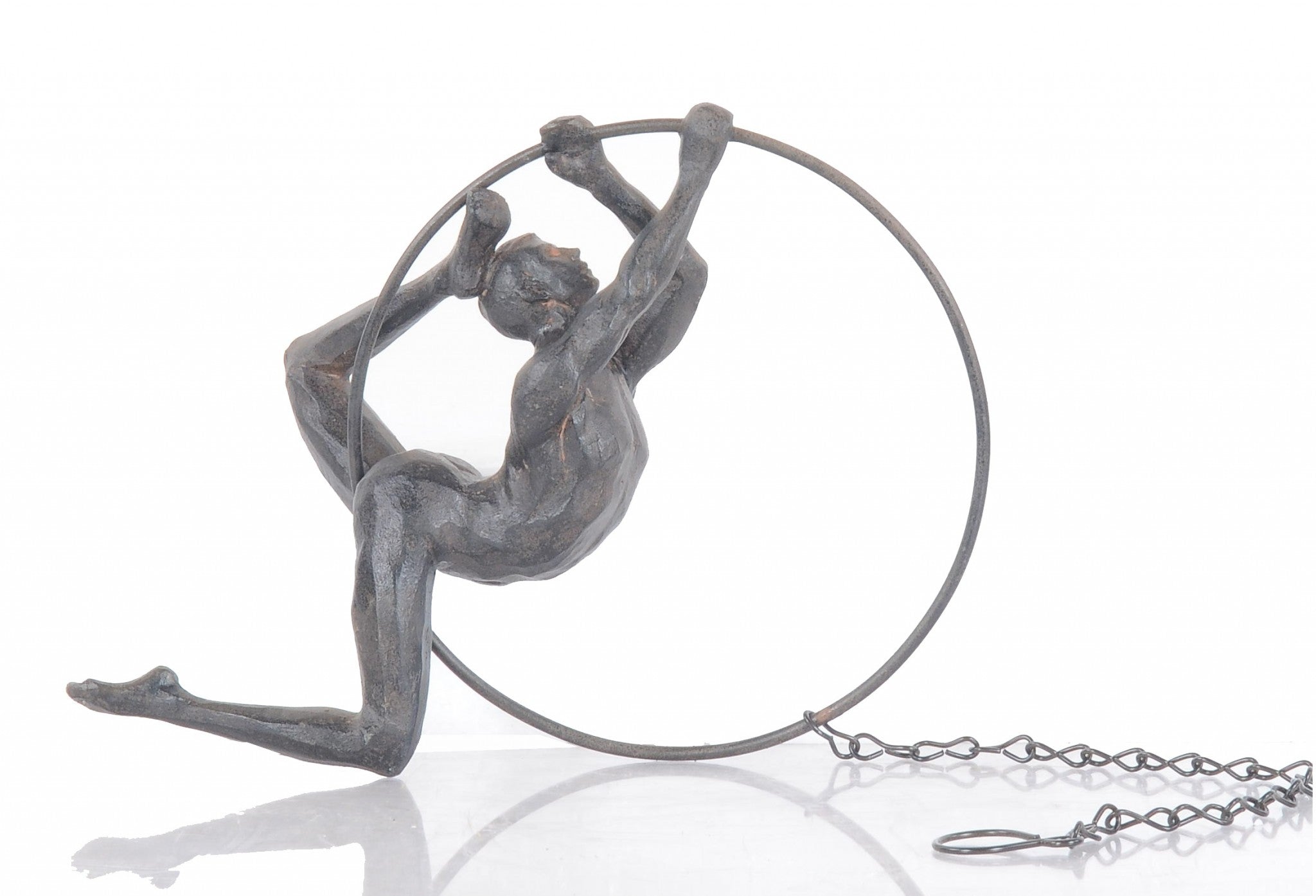 Athletic Man Hanging Ring Sculpture in black with copper accents, showcasing strength and flexibility, ideal for home or office decor.