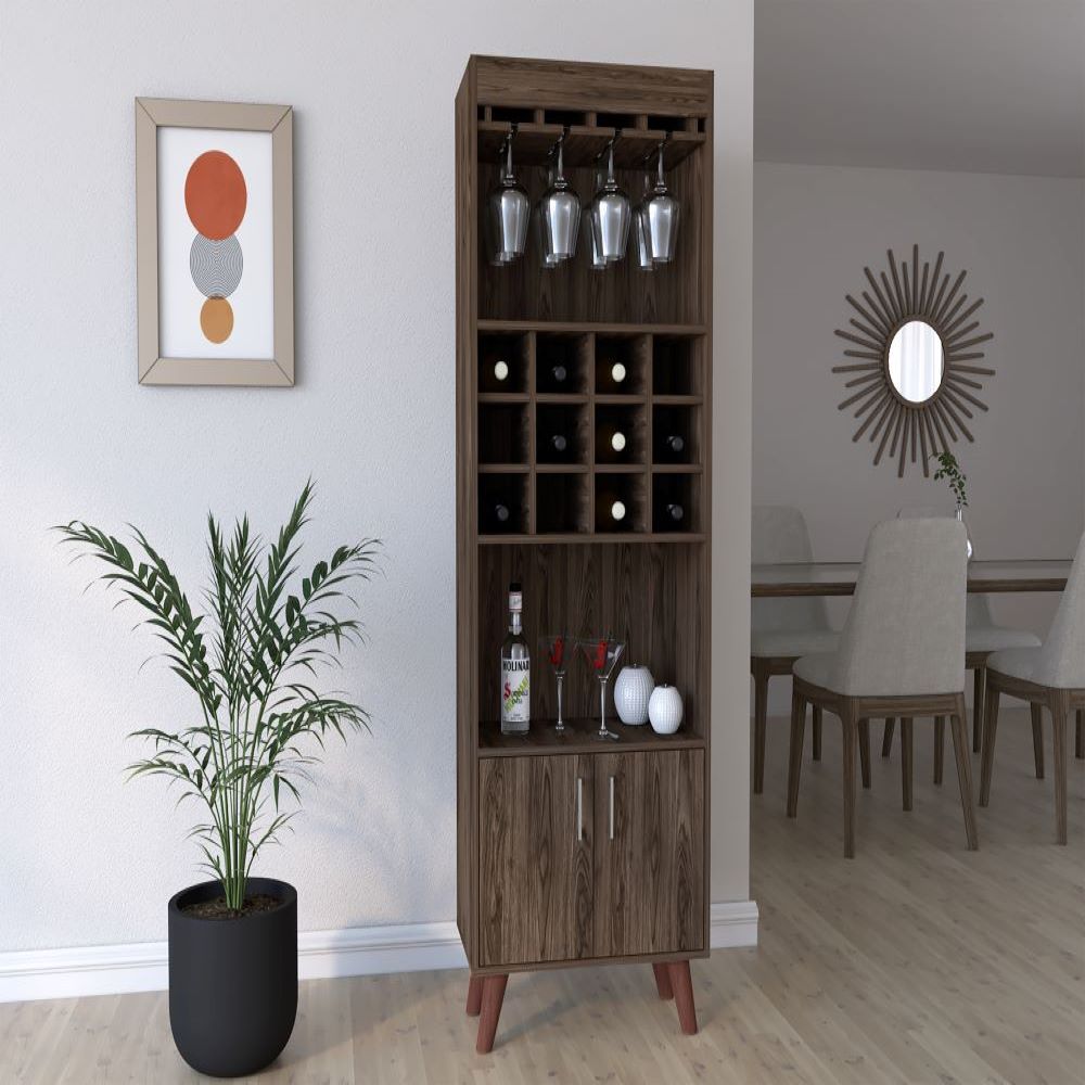 Elegant Bull Bar Cabinet in dark walnut finish with twelve wine cubbies and two shelves for spirits and mixers.