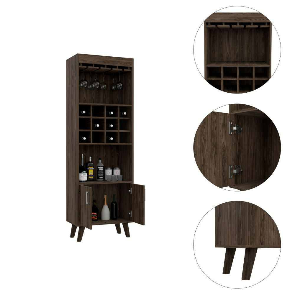 Elegant Bull Bar Cabinet in dark walnut finish with twelve wine cubbies and two shelves for spirits and mixers.