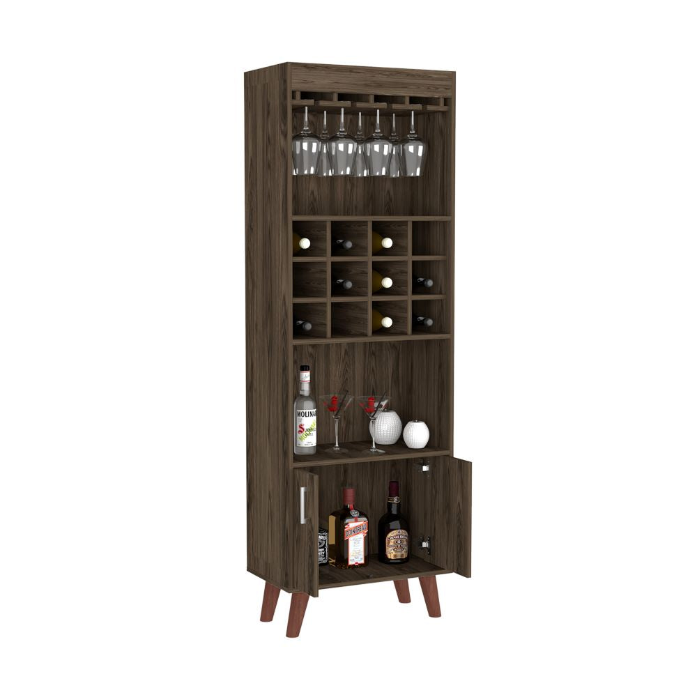 Elegant Bull Bar Cabinet in dark walnut finish with twelve wine cubbies and two shelves for spirits and mixers.