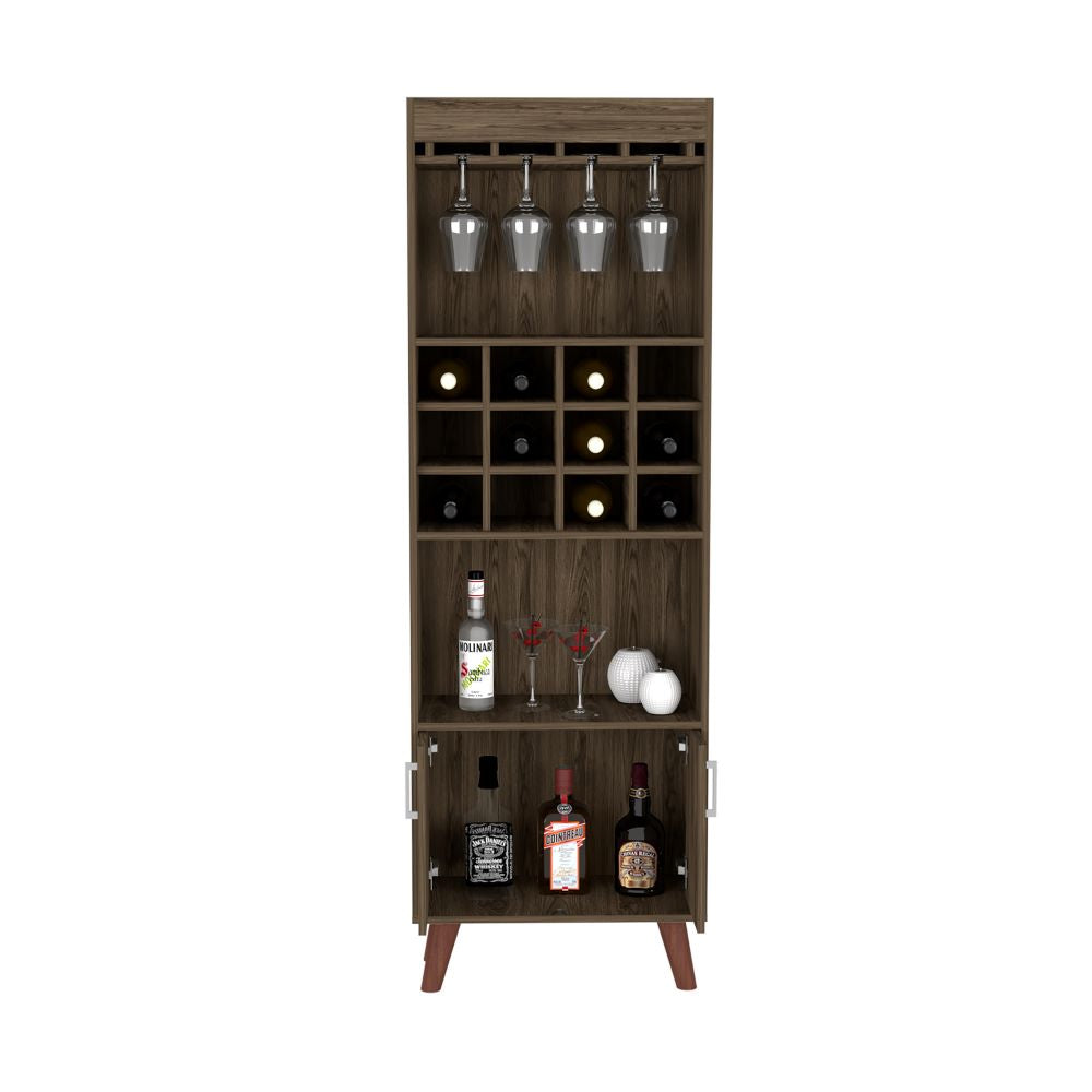 Elegant Bull Bar Cabinet in dark walnut finish with twelve wine cubbies and two shelves for spirits and mixers.