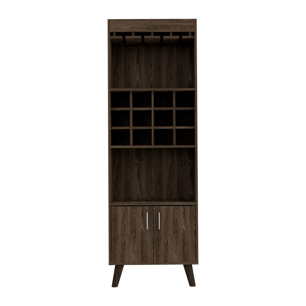 Elegant Bull Bar Cabinet in dark walnut finish with twelve wine cubbies and two shelves for spirits and mixers.