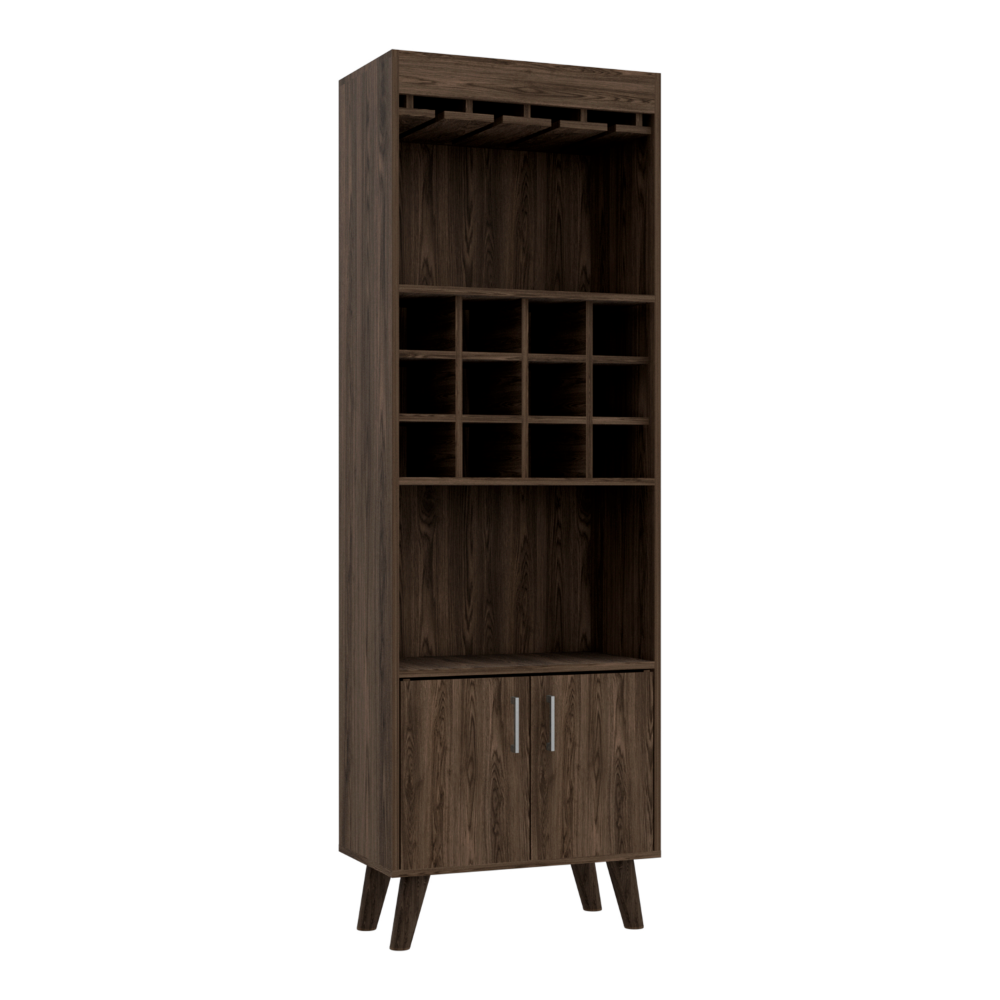 Elegant Bull Bar Cabinet in dark walnut finish with twelve wine cubbies and two shelves for spirits and mixers.