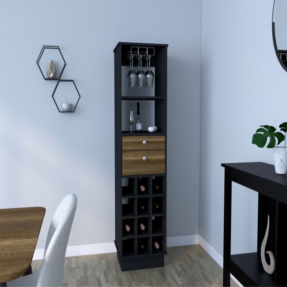 Bureck Bar Cabinet in black wengue finish with two drawers and twelve wine cubbies, showcasing elegant design and ample storage.