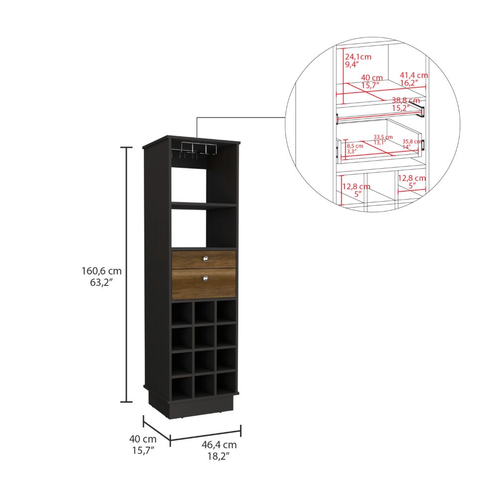 Bureck Bar Cabinet in black wengue finish with two drawers and twelve wine cubbies, showcasing elegant design and ample storage.