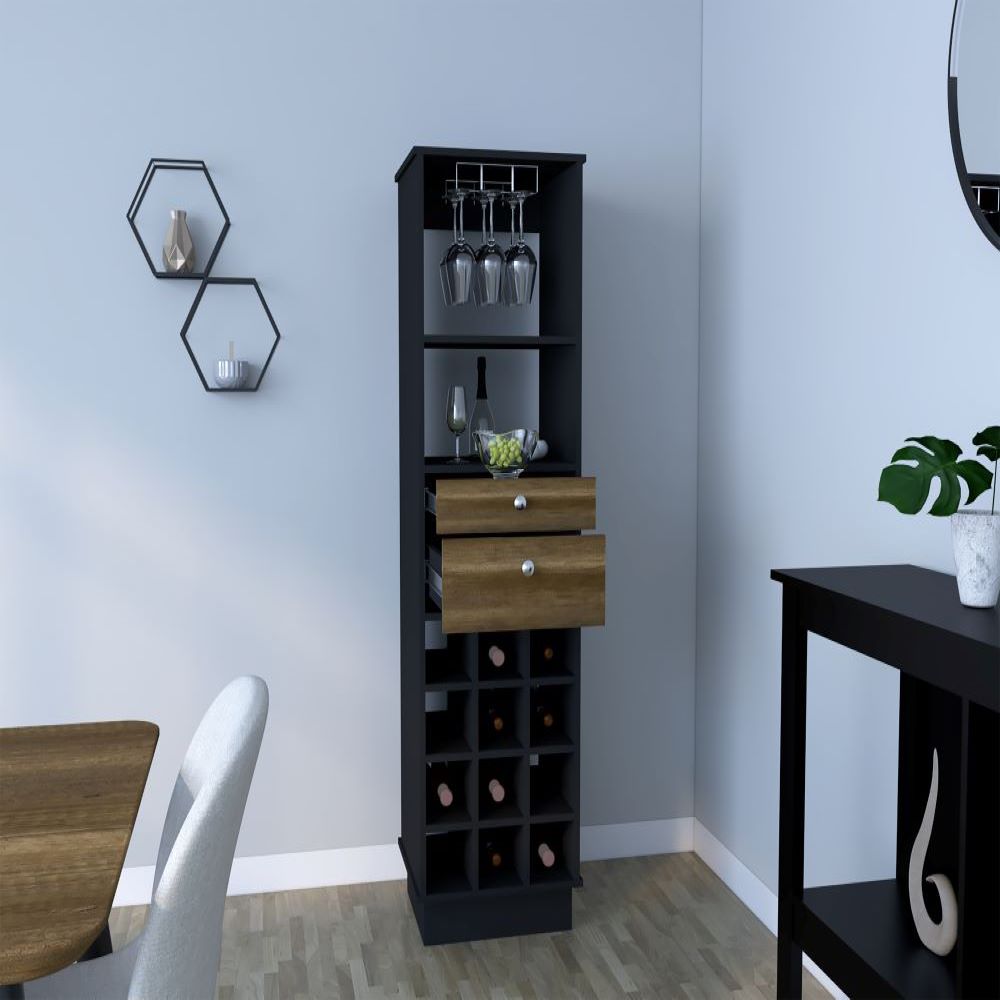 Bureck Bar Cabinet in black wengue finish with two drawers and twelve wine cubbies, showcasing elegant design and ample storage.