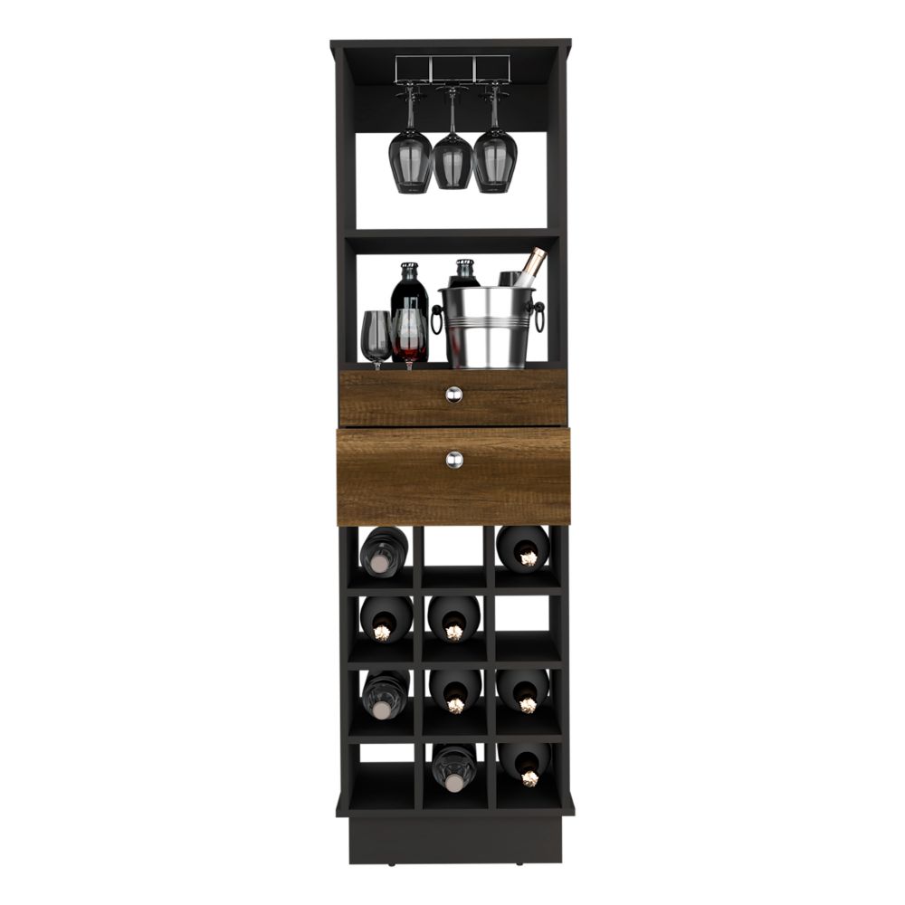 Bureck Bar Cabinet in black wengue finish with two drawers and twelve wine cubbies, showcasing elegant design and ample storage.