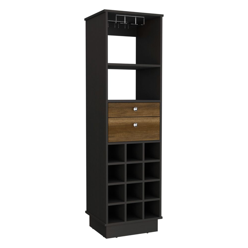 Bureck Bar Cabinet in black wengue finish with two drawers and twelve wine cubbies, showcasing elegant design and ample storage.