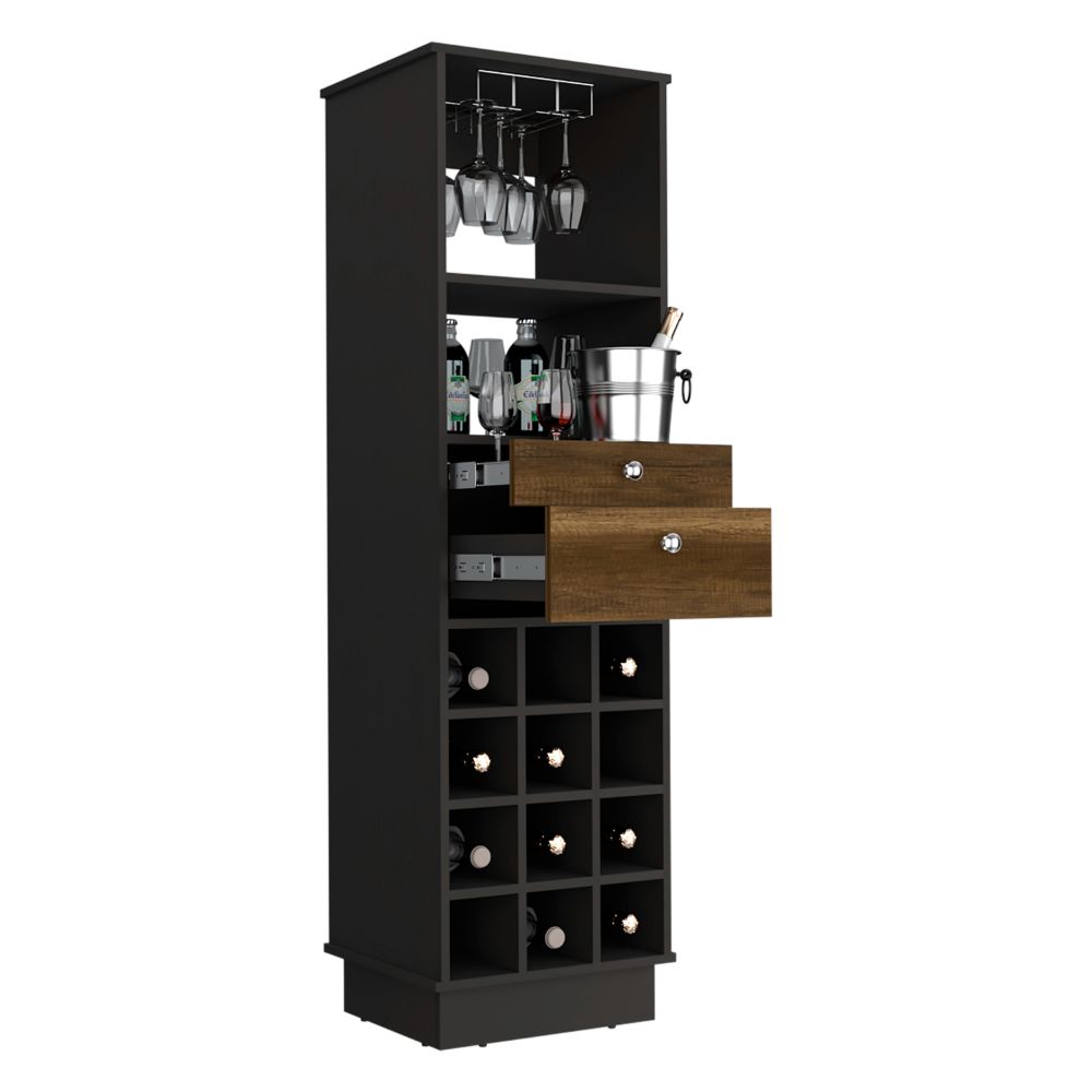 Bureck Bar Cabinet in black wengue finish with two drawers and twelve wine cubbies, showcasing elegant design and ample storage.