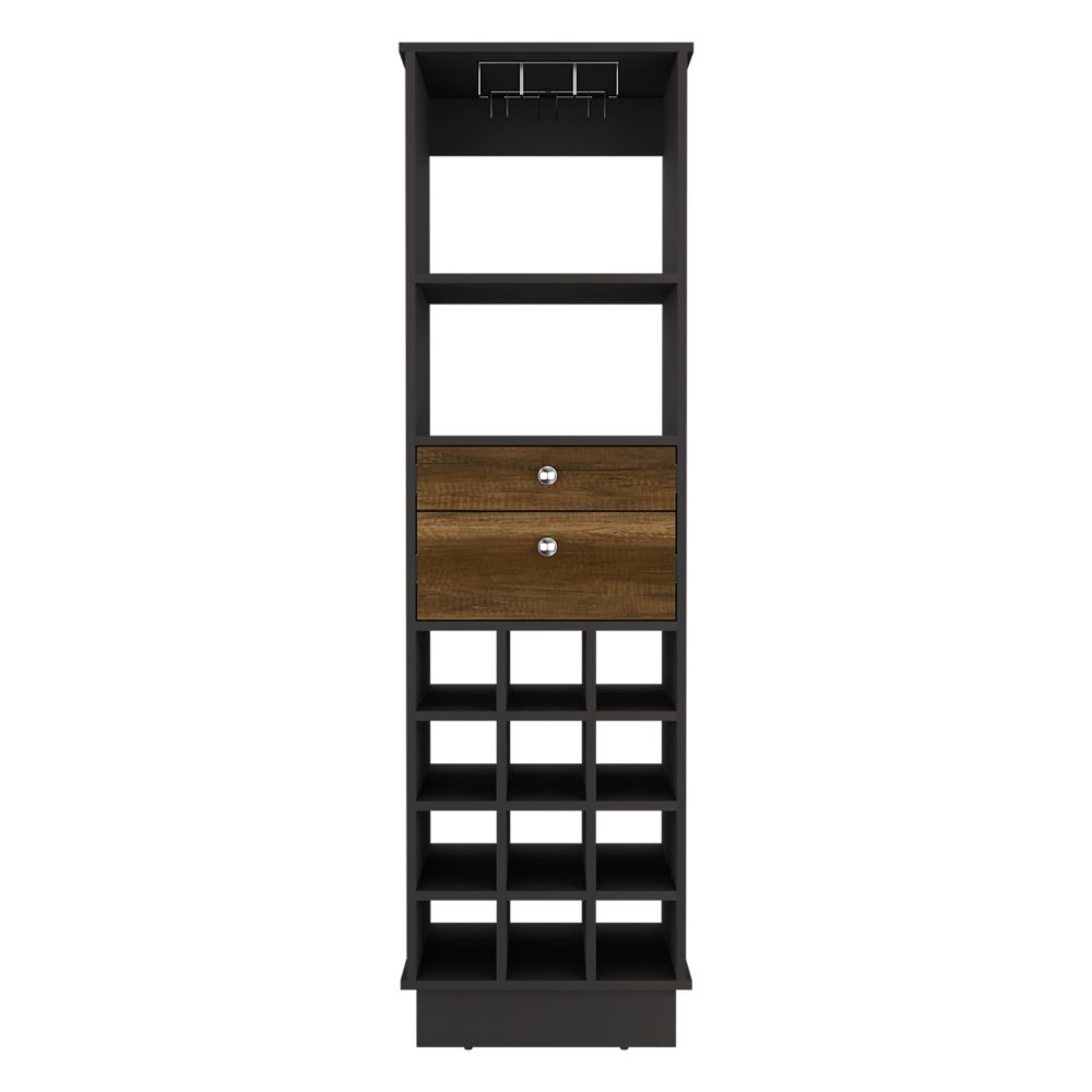 Bureck Bar Cabinet in black wengue finish with two drawers and twelve wine cubbies, showcasing elegant design and ample storage.