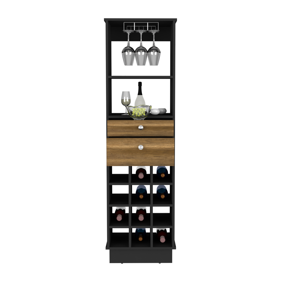 Bureck Bar Cabinet in black wengue finish with two drawers and twelve wine cubbies, showcasing elegant design and ample storage.