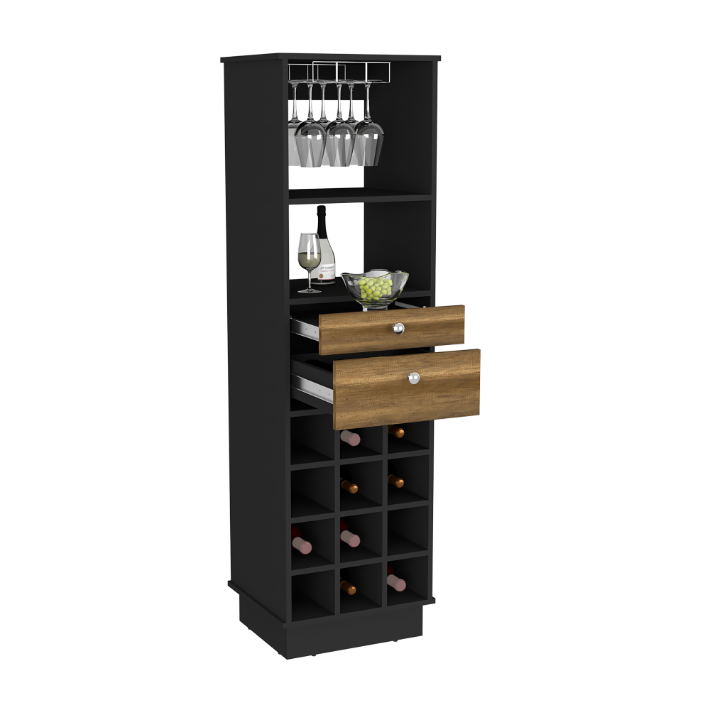 Bureck Bar Cabinet in black wengue finish with two drawers and twelve wine cubbies, showcasing elegant design and ample storage.