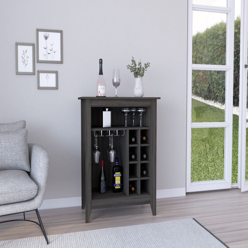 Castle Bar Cabinet in Carbon Espresso finish with six wine cubbies and an open shelf, elegantly designed for wine storage.