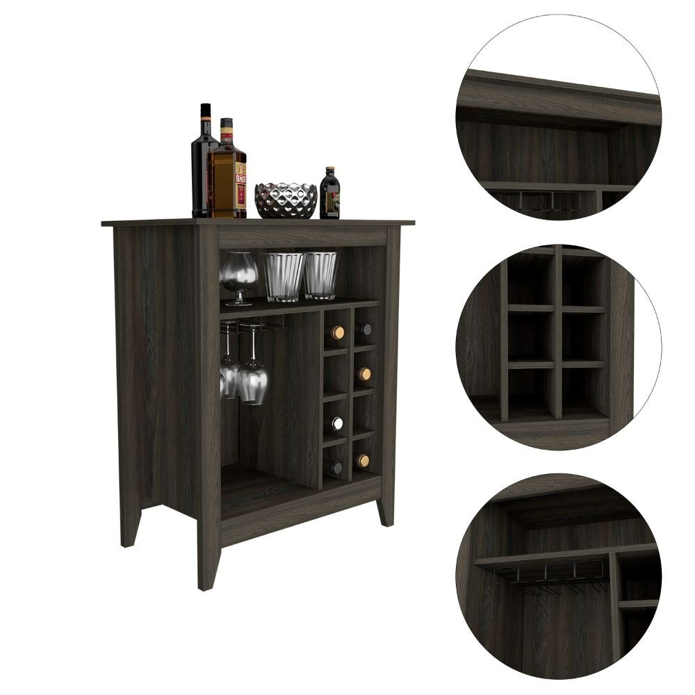 Castle Bar Cabinet in Carbon Espresso finish with six wine cubbies and an open shelf, elegantly designed for wine storage.