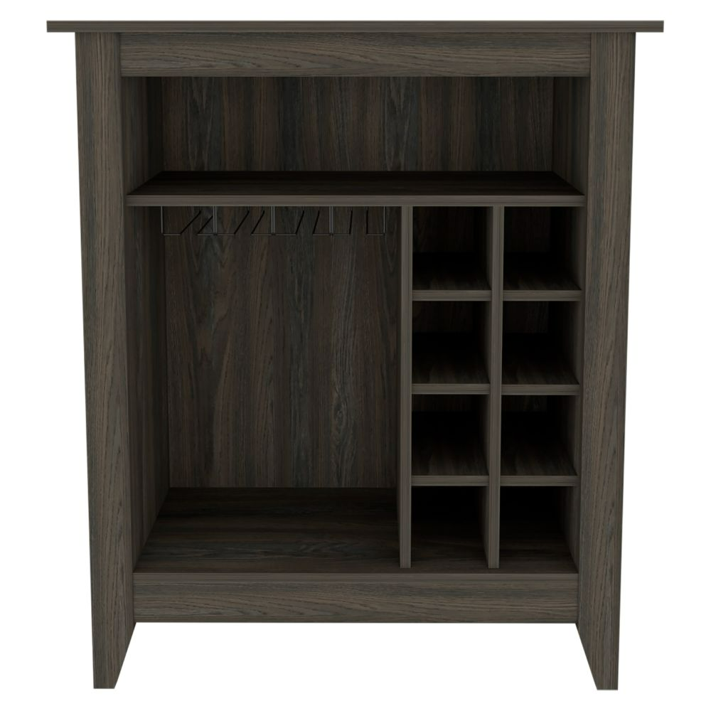 Castle Bar Cabinet in Carbon Espresso finish with six wine cubbies and an open shelf, elegantly designed for wine storage.