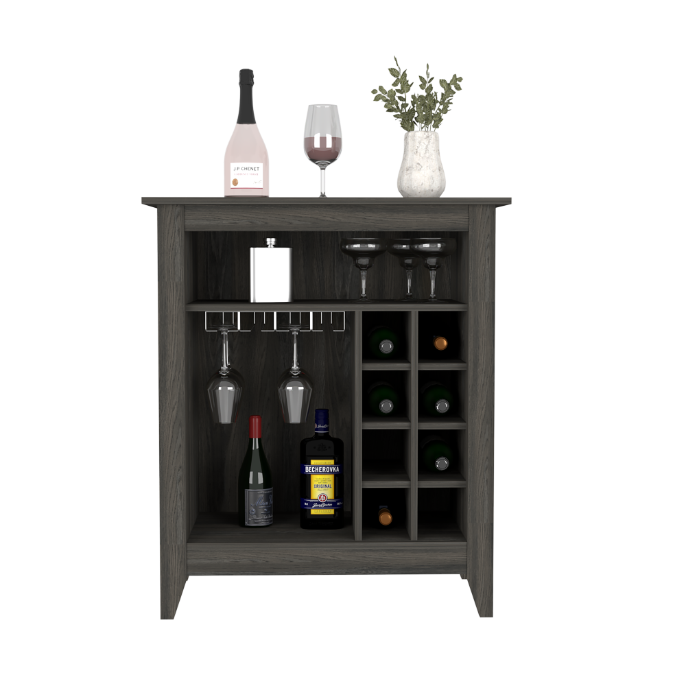 Castle Bar Cabinet in Carbon Espresso finish with six wine cubbies and an open shelf, elegantly designed for wine storage.