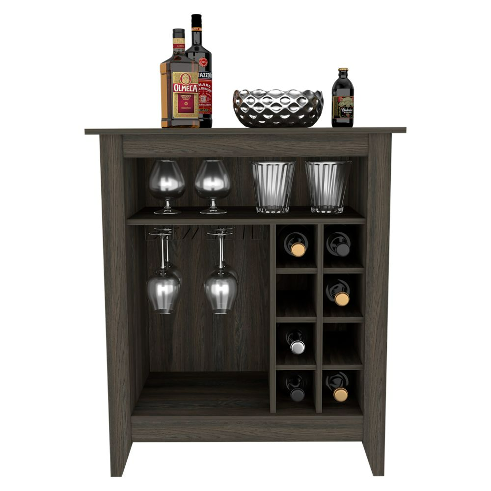 Castle Bar Cabinet in Carbon Espresso finish with six wine cubbies and an open shelf, elegantly designed for wine storage.