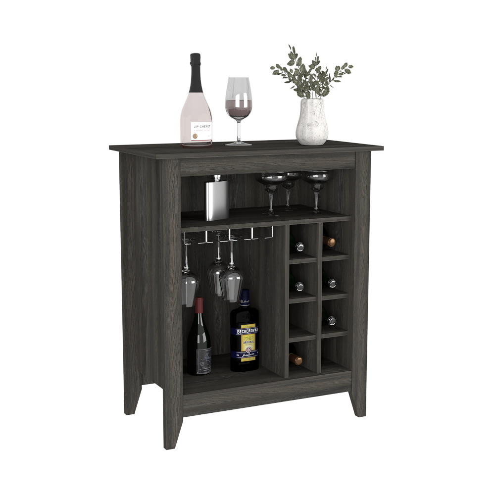 Castle Bar Cabinet in Carbon Espresso finish with six wine cubbies and an open shelf, elegantly designed for wine storage.