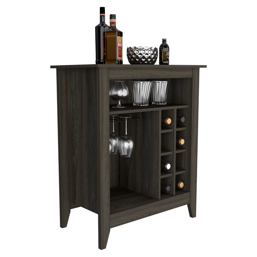 Castle Bar Cabinet in Carbon Espresso finish with six wine cubbies and an open shelf, elegantly designed for wine storage.