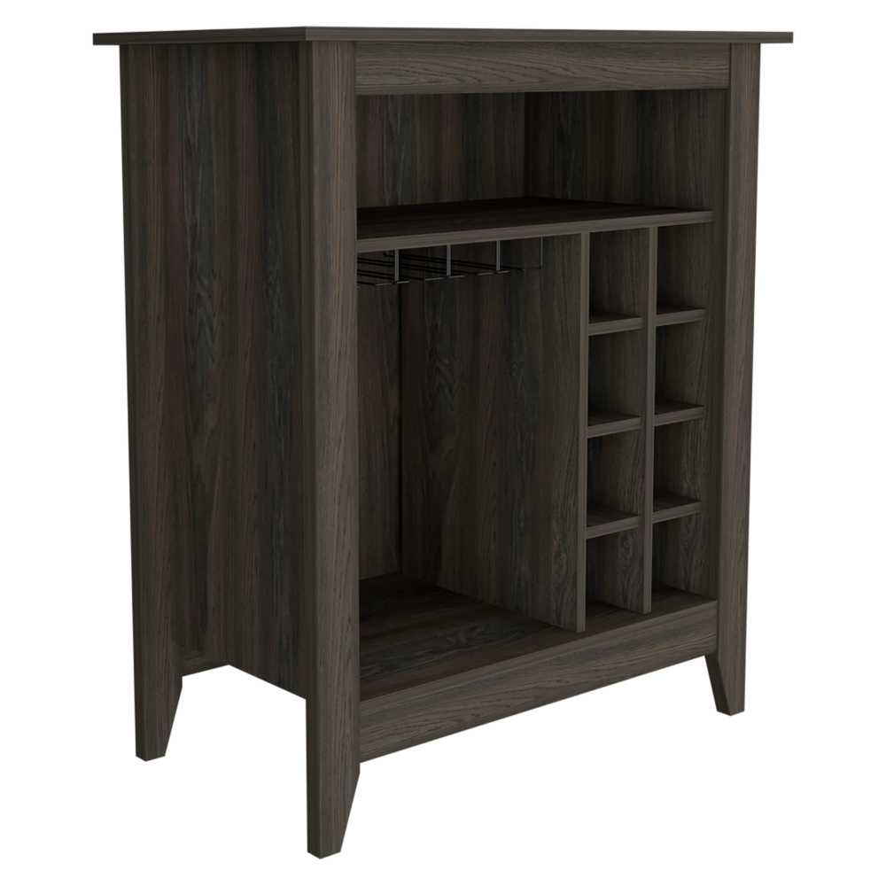 Castle Bar Cabinet in Carbon Espresso finish with six wine cubbies and an open shelf, elegantly designed for wine storage.