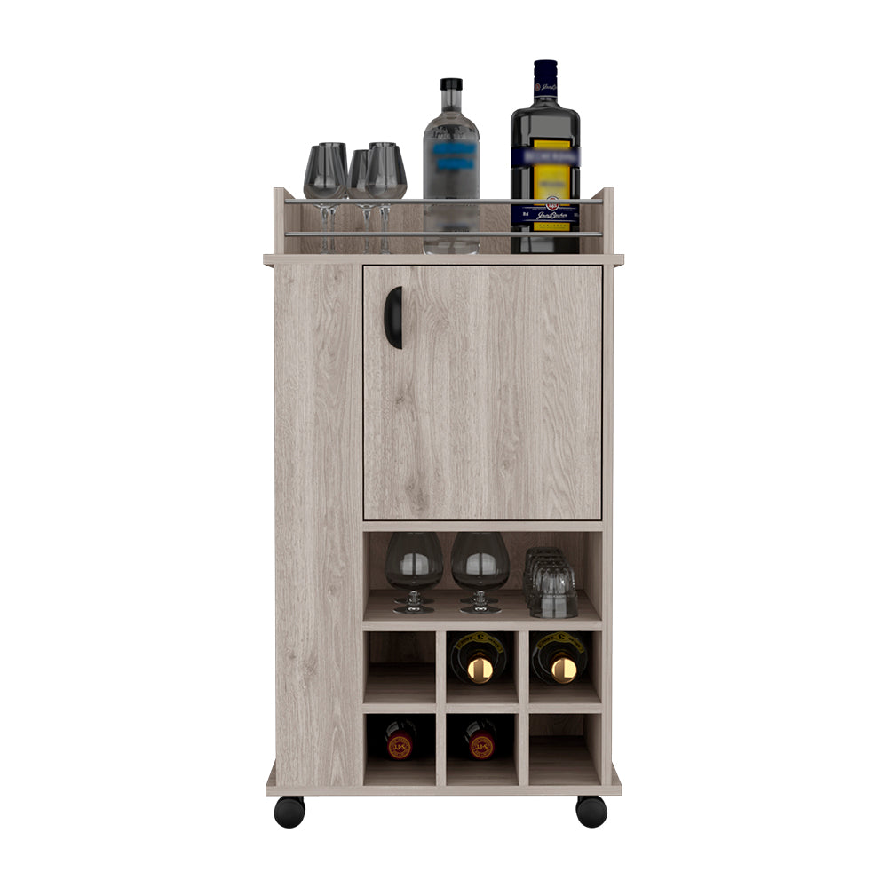 Light gray Reese Bar Cart with casters, featuring six wine cubbies and a single-door cabinet, perfect for home entertaining.