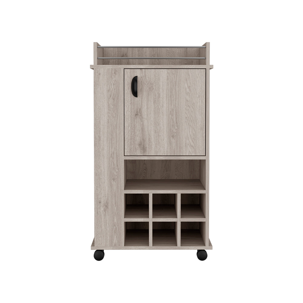 Light gray Reese Bar Cart with casters, featuring six wine cubbies and a single-door cabinet, perfect for home entertaining.