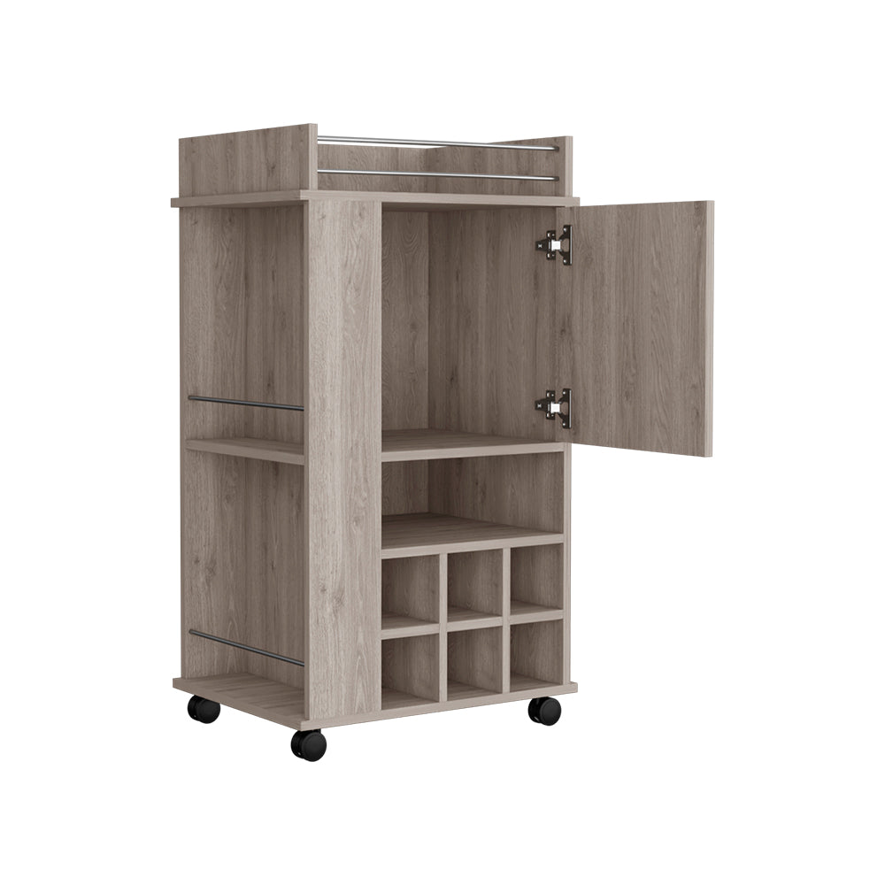 Light gray Reese Bar Cart with casters, featuring six wine cubbies and a single-door cabinet, perfect for home entertaining.