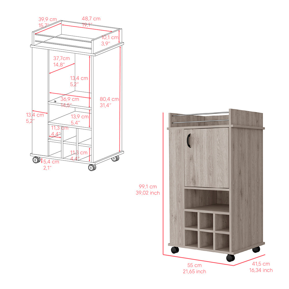 Light gray Reese Bar Cart with casters, featuring six wine cubbies and a single-door cabinet, perfect for home entertaining.