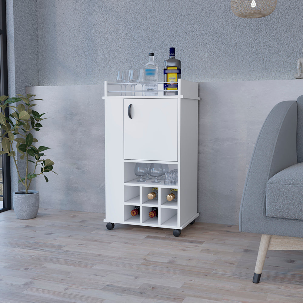 Reese Bar Cart with casters, featuring six wine cubbies and a single door, elegantly designed in white manufactured wood.